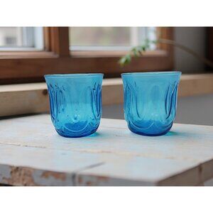 Vintage Anchor Hocking Colonial Tulip Blue Glass Tumblers Set Of 2
